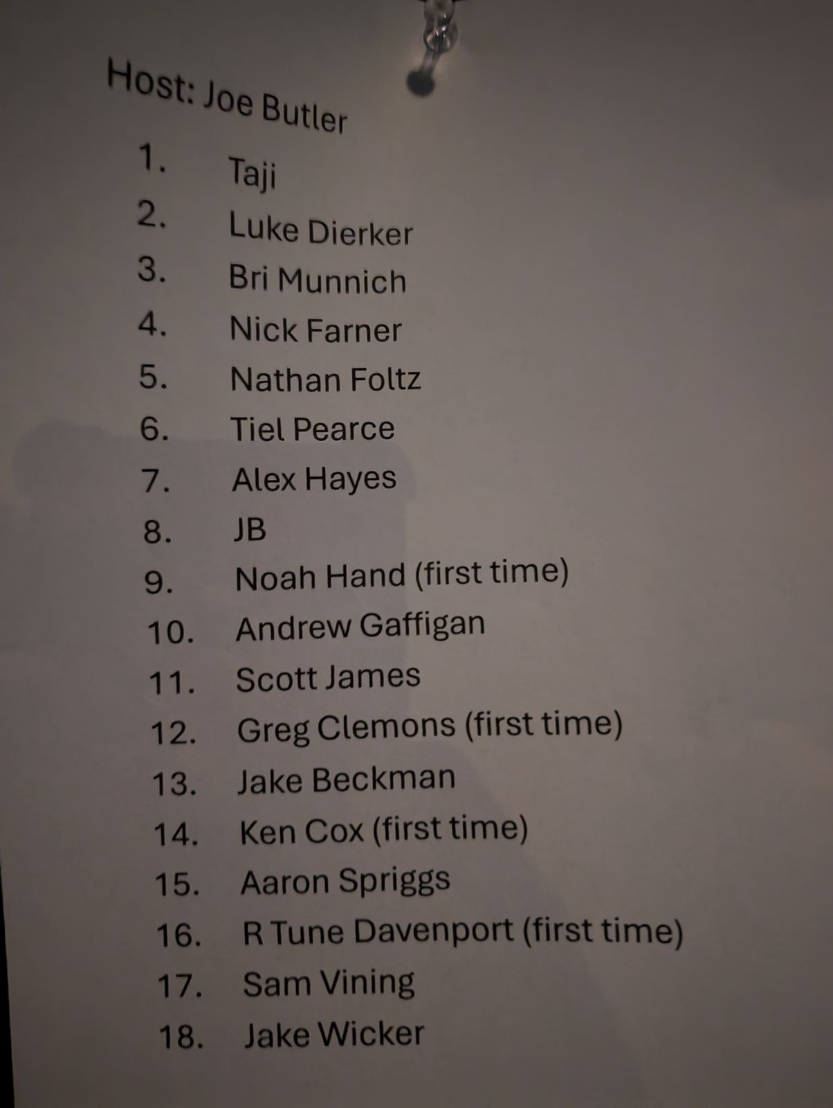 Sign up sheet for my very first stand up comedy show.